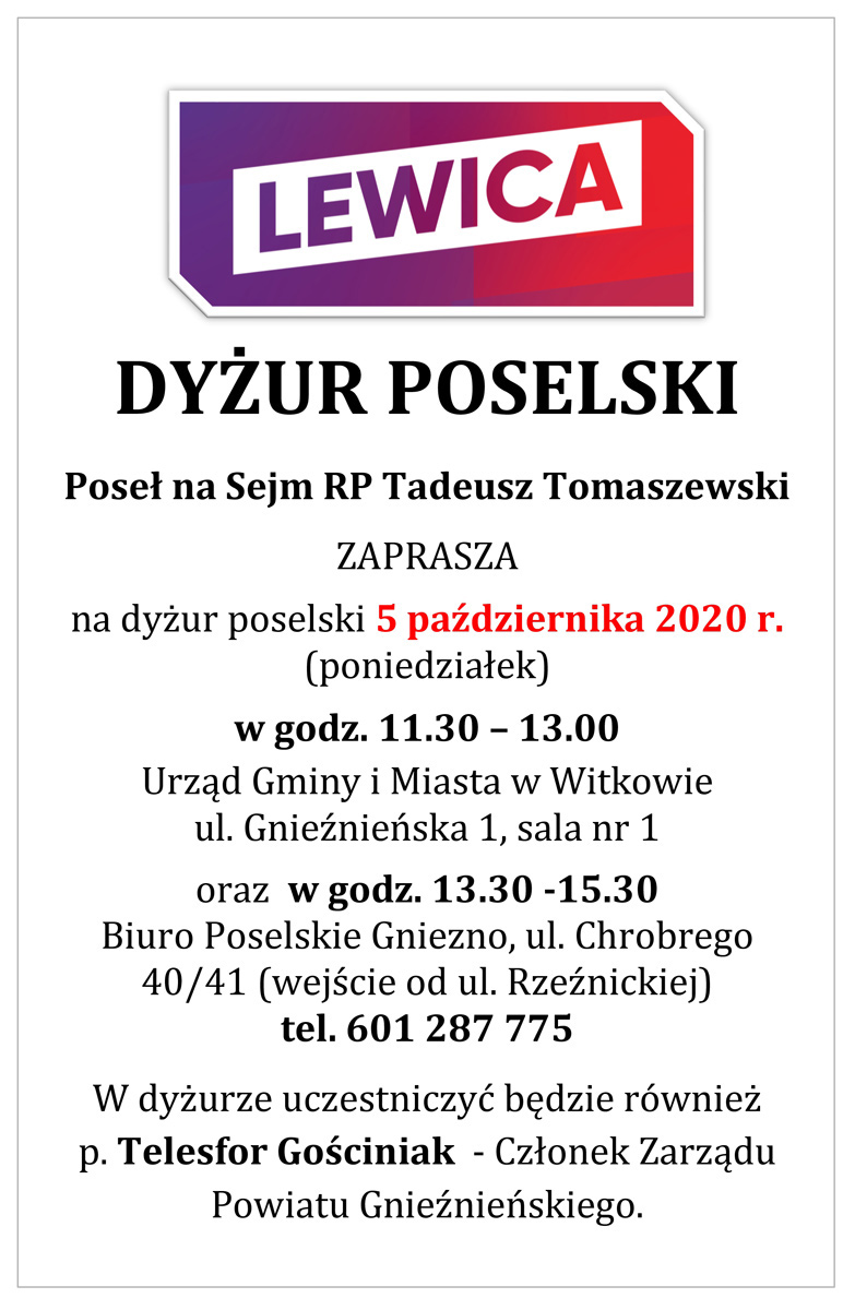 Dyżur poselski Posła na Sejm RP Tadeusza Tomaszewskiego - treść plakatu w pełnej informacji