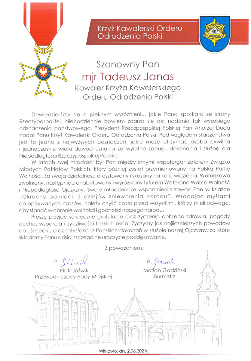 mjr Tadeusz Janas odznaczony Krzyżem Kawalerskim Orderu Odrodzenia Polski